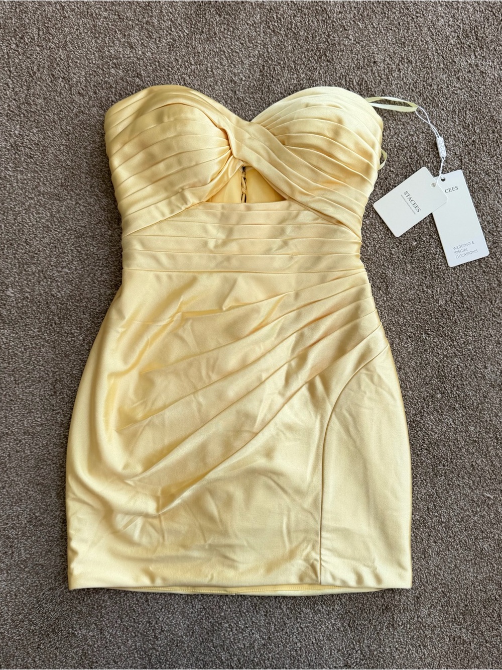 Strapless Yellow Pleated Cocktail Dress by